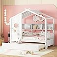 Linique Wooden Twin Size House Bed with Trundle and Storage Shelf,Modern Design Twin Platform Bed Frame with Pitched Roof,White