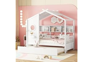BIADNBZ Twin Size House Platform Bed for Kids, Modern Daybed with Trundle and Storage Shelf, Wooden Low Bedframe w/Roof, Window and Guard Rails, for Teens Boys Girls, White