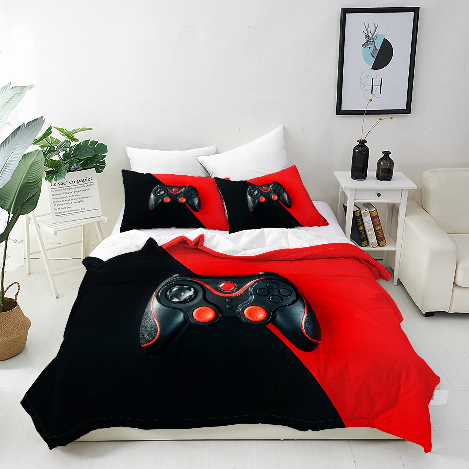 ANHOPE Gamer Duvet Cover Set Soft Lightweight 3Pcs Bedding Set with 2 Pillowcase Black Red Video Game Gamepad Controller Print Pattern Kids Boys Girls Teens Gaming Quilt Cover with Zipper Single Size — image 1