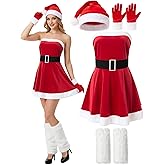 Haysandy 4 Pcs Mrs. Claus Costume for Women Santa Red Velvet Dress with Belt Christmas Hat Gloves Wool Leg Covers