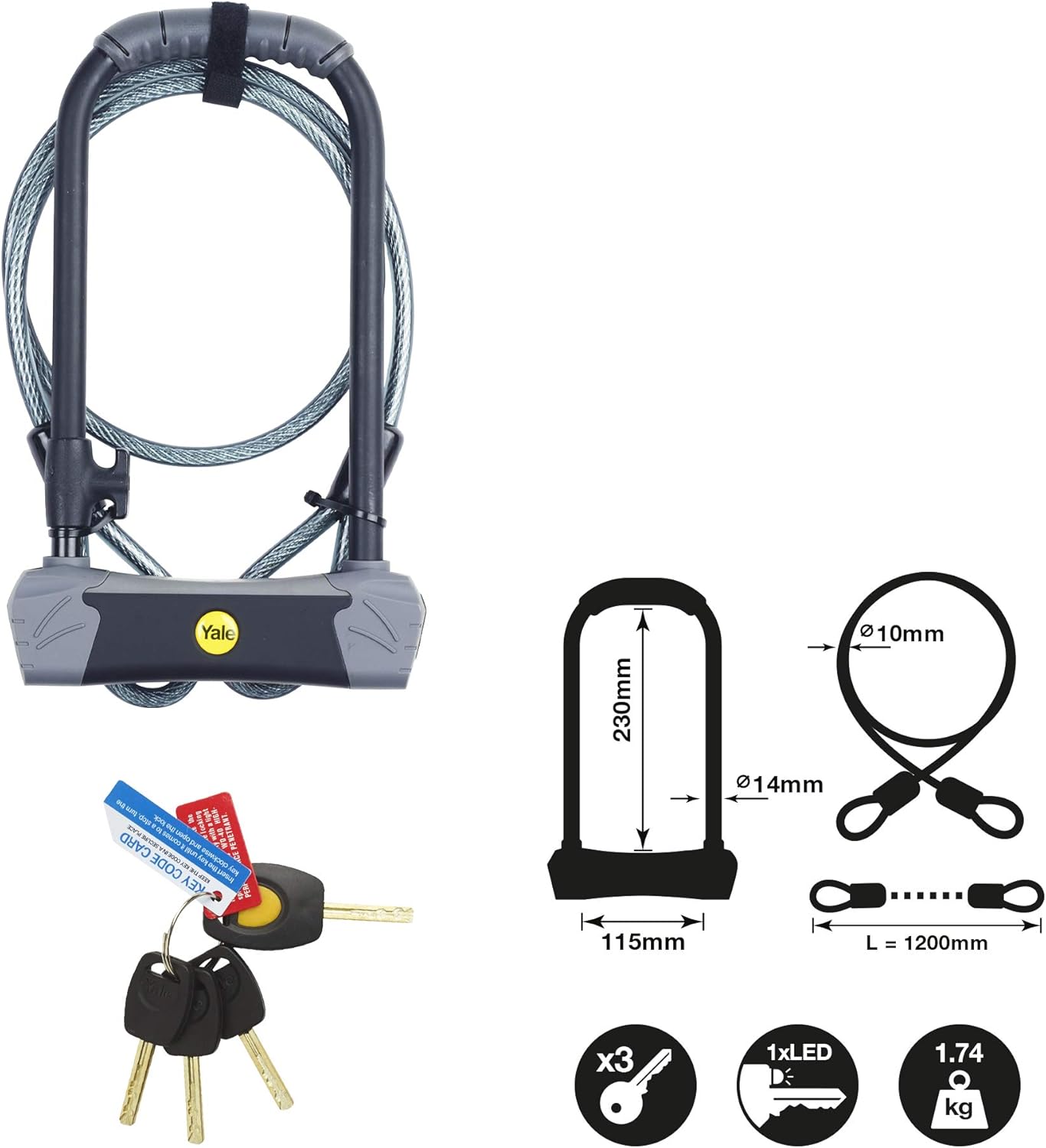 Yale YUL3C/14/230/1 Maximum Defendor U Bike Lock with Cable (Sold Secure Gold), Black, 230mm - Image 3