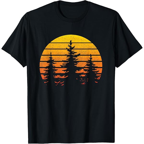 Sunset Pine Tree Graphic Tee For Women - Retro Sun & Mountain Print Short Sleeve T-Shirt | Casual Camping Style Top