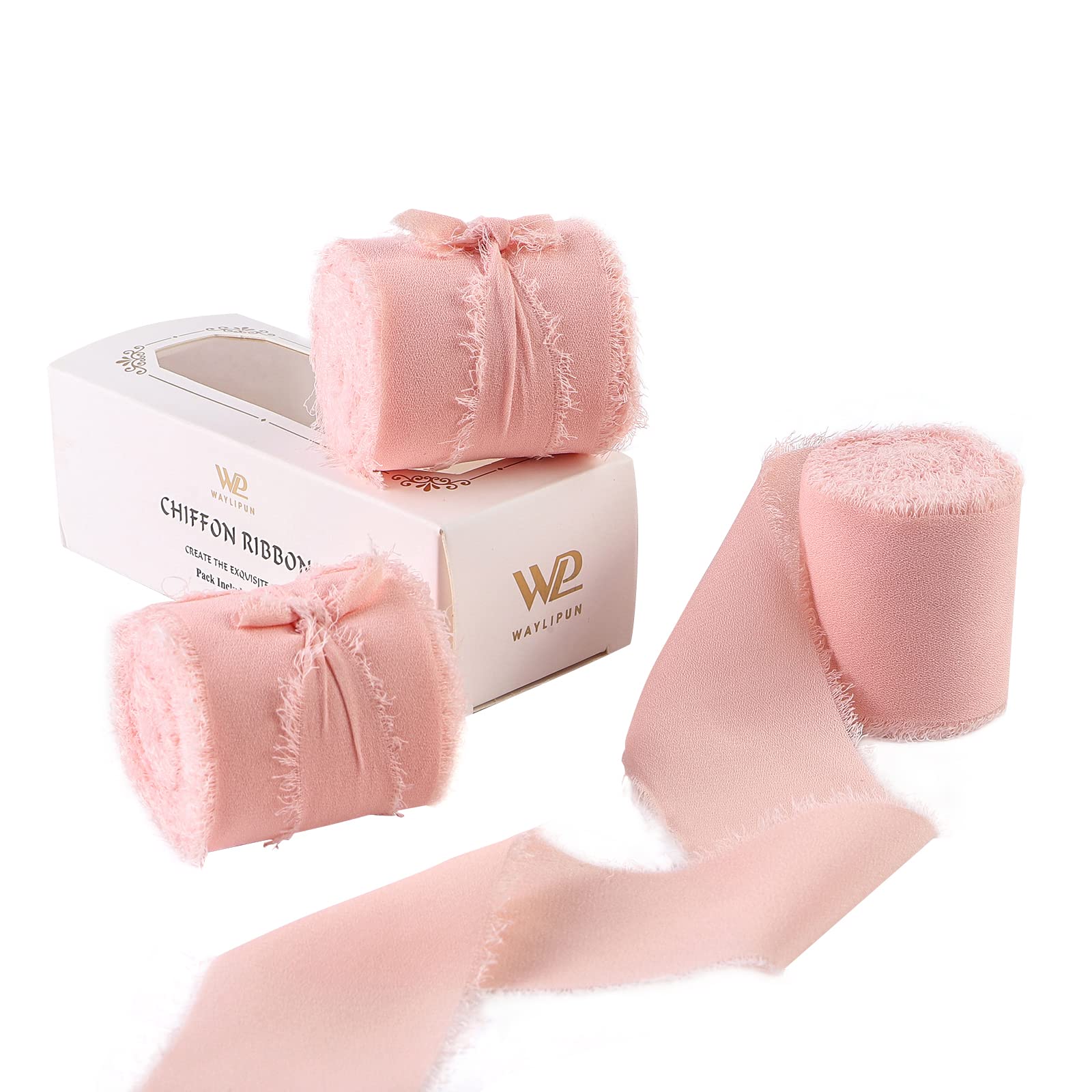 Waylipun Handmade Fringe Chiffon Ribbons, 3 Rolls 2" x 7Yd Total 21Yd Frayed Edge Fringe Smooth Ribbon for Wedding Invitations, Bridal Bouquets, Gifts Wrapping, DIY Crafts Decoration - Nude
