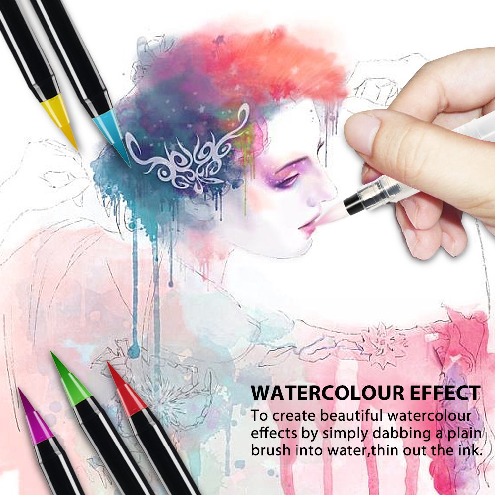 Watercolor Brush Pens, Homecube 20 Colors Water Based Painting Markers with a Water Coloring Brush for Children & Adults Coloring Books, Manga, Comic, Calligraphy