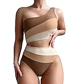 Leoparts Women's Color Block One Piece Swimsuits Monokini One Shoulder Cutout High Cut Bathing Suits Beachwear