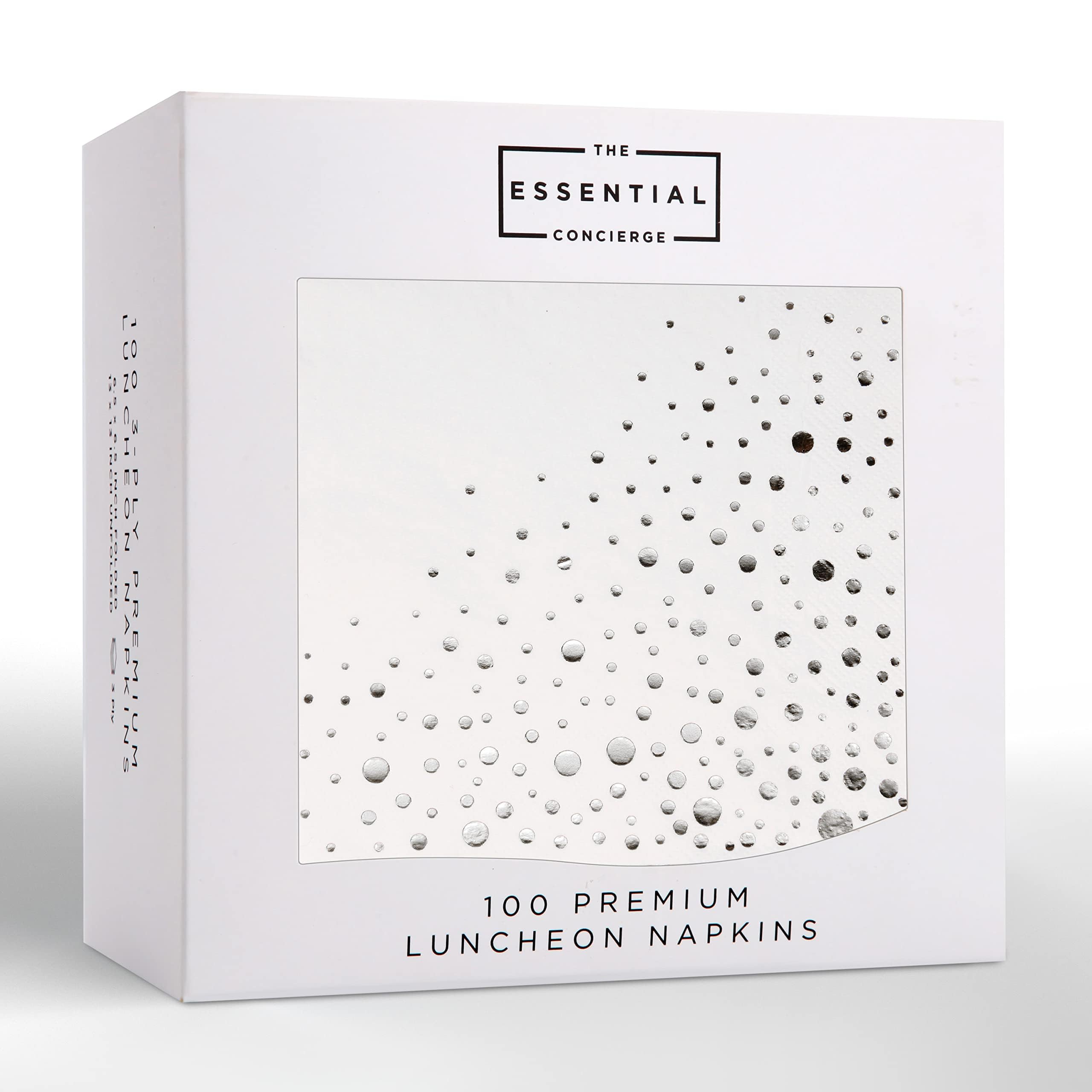 Stylish 6.5 x 6.5 Inch Silver Napkins -100 Pack of White and Silver Lunch Napkin - Add Sparkle to Your Event with Party Napkins - 3 Ply Paper- Disposable Wedding or Dessert Napkin