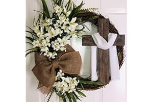 Easter Wreath with Cross Garland - Spring Door Decor, Handmade Rustic Wreath for Front Door, Religious Holiday Home Decoratio