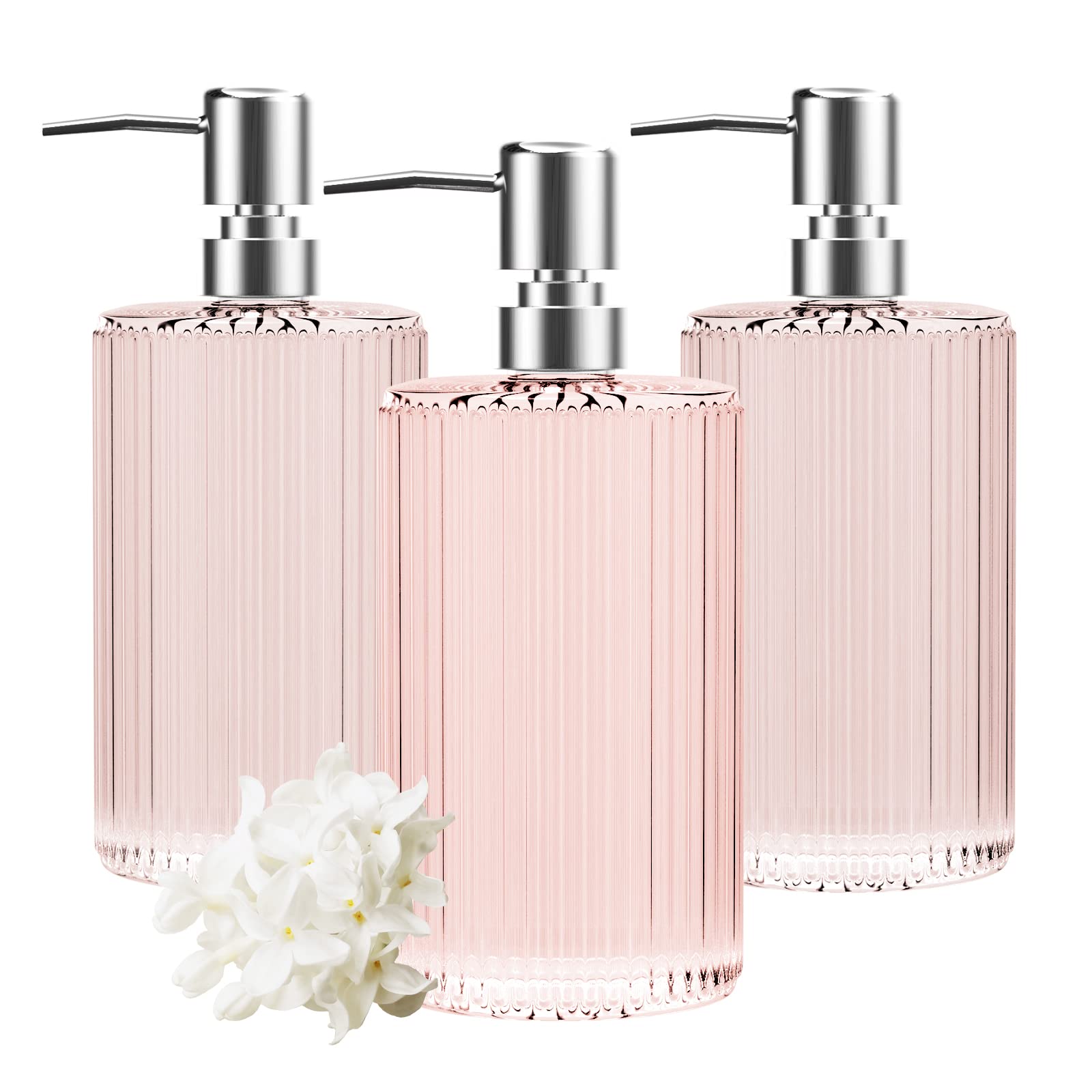 HIYAA 3 Pack Glass Soap Dispenser 17 Oz Versatile Lotion Liquid Soap Dish Dispenser Hand Soap Dispenser with Pump for Bathroom, Countertop, Kitchen, Laundry Room (Pink) (3P-Pink)