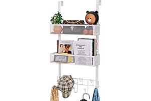 HapiRm Over The Door Organizer with Coat Hooks and 2 Baskets, Stainless Steel Rustproof Over The Door Hanger, Over The Door Hooks for Bathroom, Kitchen, Bedroom-White (for 1.76in Doors)