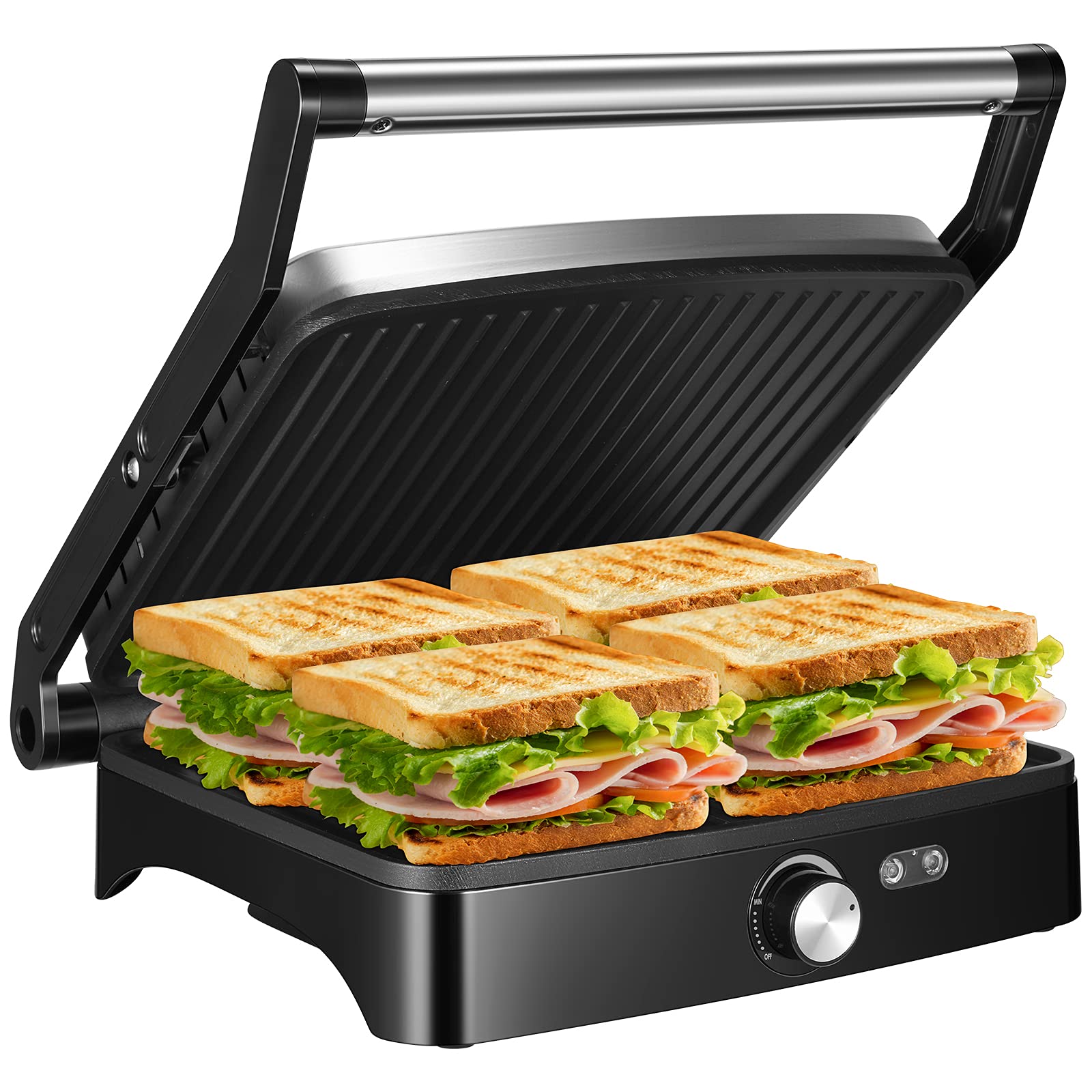 Photo 1 of OSTBA Panini Press Grill with Adjustable Temperature,4-Slice Indoor Grill, 180° Open Sandwich Maker with Drip Tray, Non-Stick Plates, Stainless Steel, 1200W