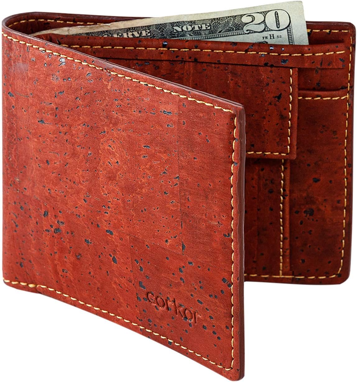 Corkor Vegan RFID Wallet With Coin Pocket Men Bifold Card Holder No-Leather Cork Red Color