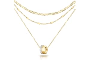 OGD Layered CZ Rondelle Pendant Necklaces for Women, 14K Gold Plated Trendy Mariner Chain Dainty Circle Rondelle Pendant Choker Necklace for Women Two-Toned Cubic Zirconia Gold Necklace