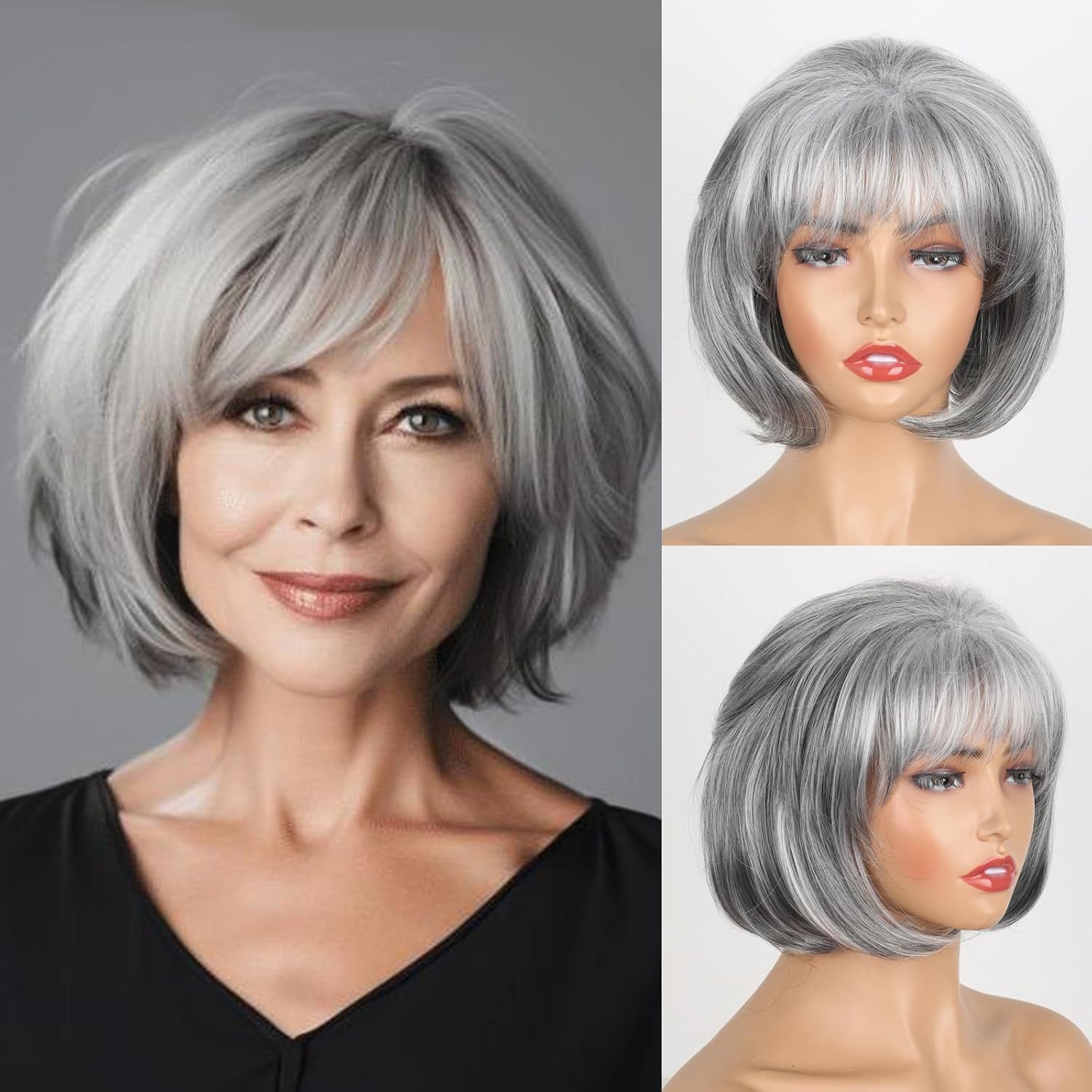 Photo 1 of Novastel Heat Resistant Natural Look Human Hair Wigs for Middle Aged Women Short Curly Waves Silver Gray with Roots Lightweight Daily Use with Bangs (Silver Gray)