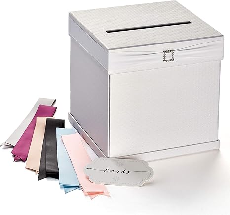 Amazon Co Jp Hayley Cherie ギフトカードボックス 立方型 ラインストーンのスライダーとリボンウェディングテーマ ざらつきのある表面 ホワイト 10 10インチ ホーム キッチン