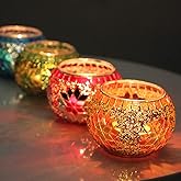 SHMILMH Votive Candle Holder Set of 4, Diwali Decoration for Home, Handmade Mosaic Glass Tealight Candle Holders for Table Centerpiece Decor,Diwali Thanksgiving