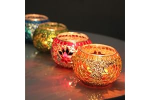 SHMILMH Votive Candle Holder Set of 4, Diwali Decoration for Home, Handmade Mosaic Glass Tealight Candle Holders for Table Centerpiece Decor,Diwali Thanksgiving