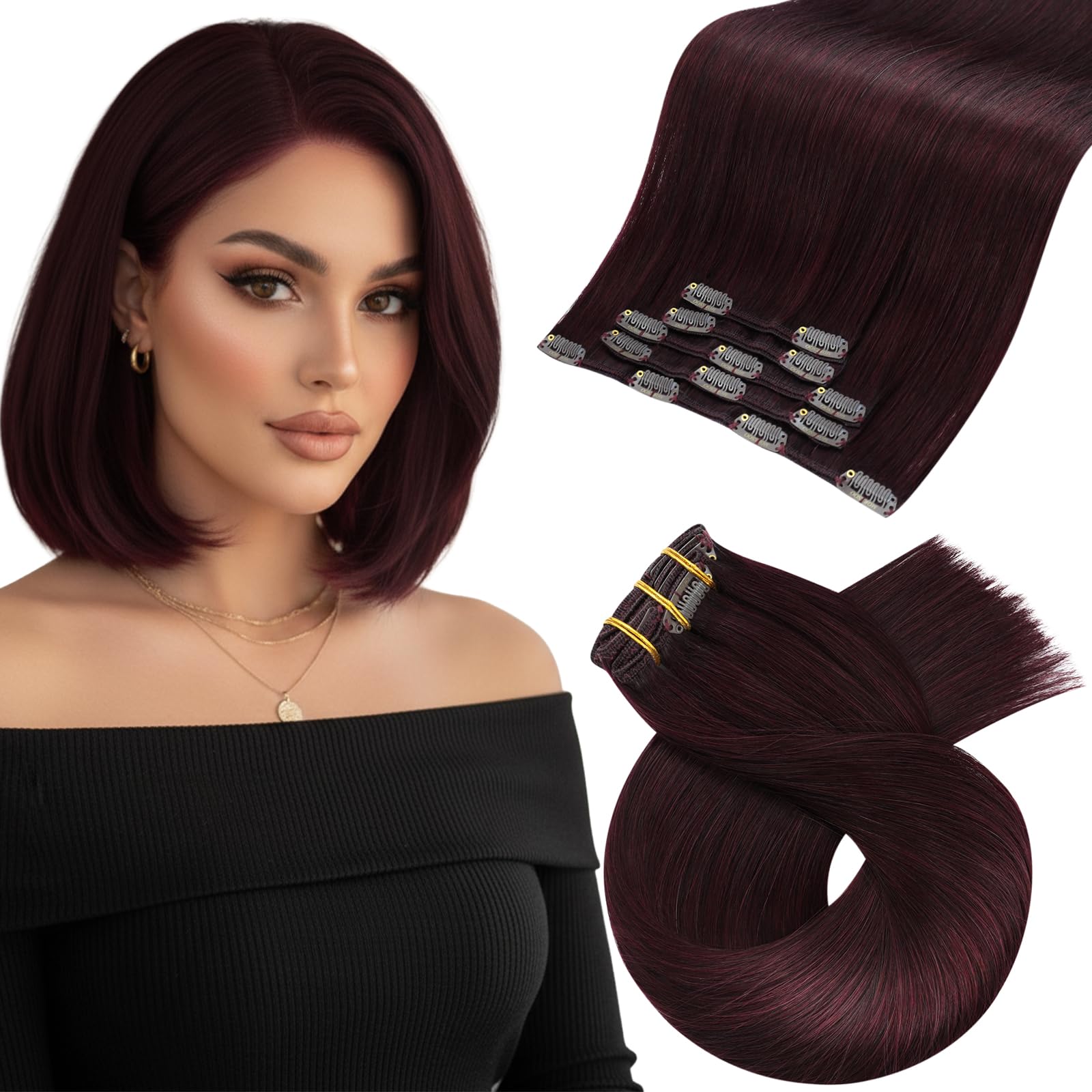 Moresoo Wine Red Clip in Hair Extensions Real Human Hair Burgundy Real Hair Extensions Clip in Invisible Remy Hair Short for Bob Add Volume 10 Inch 5pcs/80g #99J