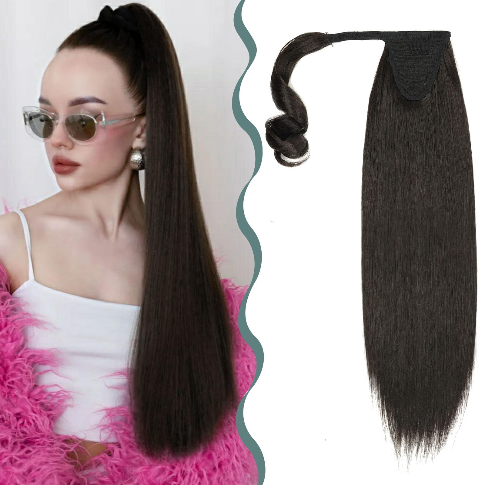 BHF Hair Extensions - Clip In Hair Extensions Wrap Around Ponytail Extension Long Straight Ponytail Hairpiece Fluffy Hair Ponytail Extension Synthetic Fiber Fake Ponytail for Women（Brown 22'' 130g）
