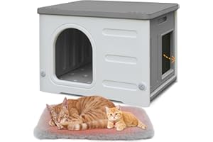 Waterproof Cat House for Outdoor Cats, Plastic Feral Cat House with Escape Door and Soft Mat, Large Indoor Cat House for Muti