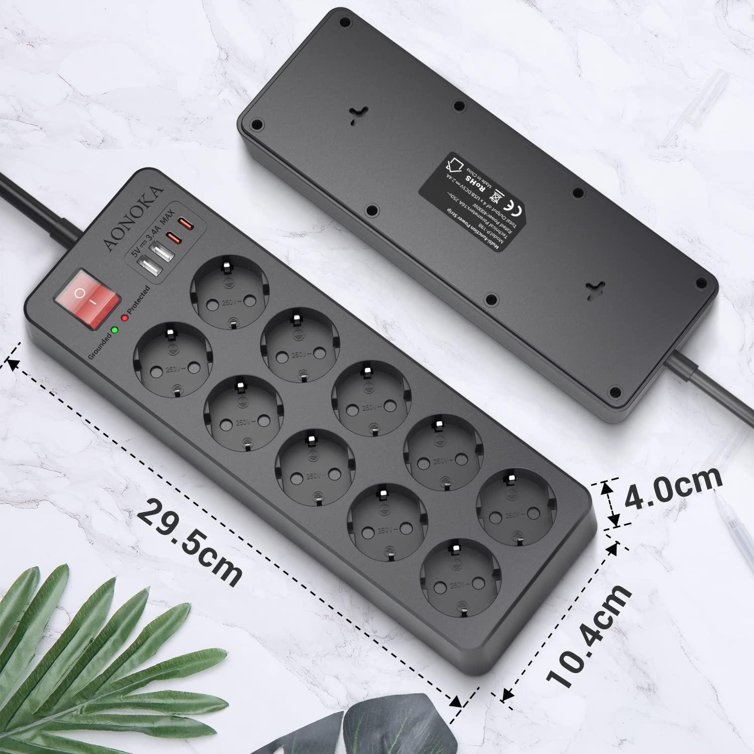 10-Fach Steckdosenleiste Überspannungsschutz Bis 1700 Joule, Mehrfachsteckdose mit USB C,Steckerleiste mit Schalter 4 USB Ladeanschlüsse und 10 Steckdose Wandmontage Verteilersteckdose 1,5M,Schwarz 5
