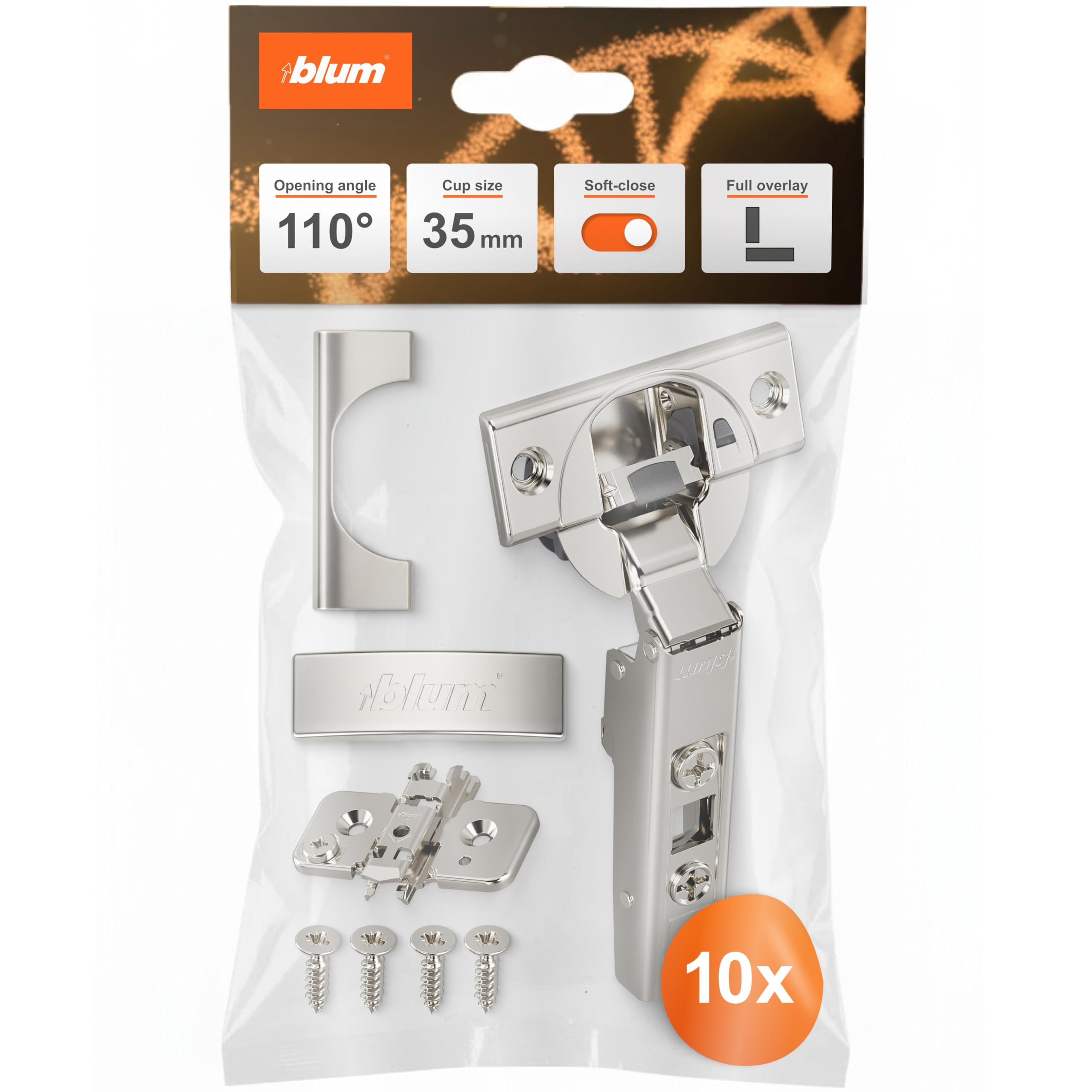 BLUM Clip Top Blumotion Furniture Hinge 110° Straight with Spring Corner Stop + Blum Clip Eccentric Cross Mounting Plate Steel Screw Variant Distance 0 mm Pot Hinge Diameter 35 mm Pack of 10