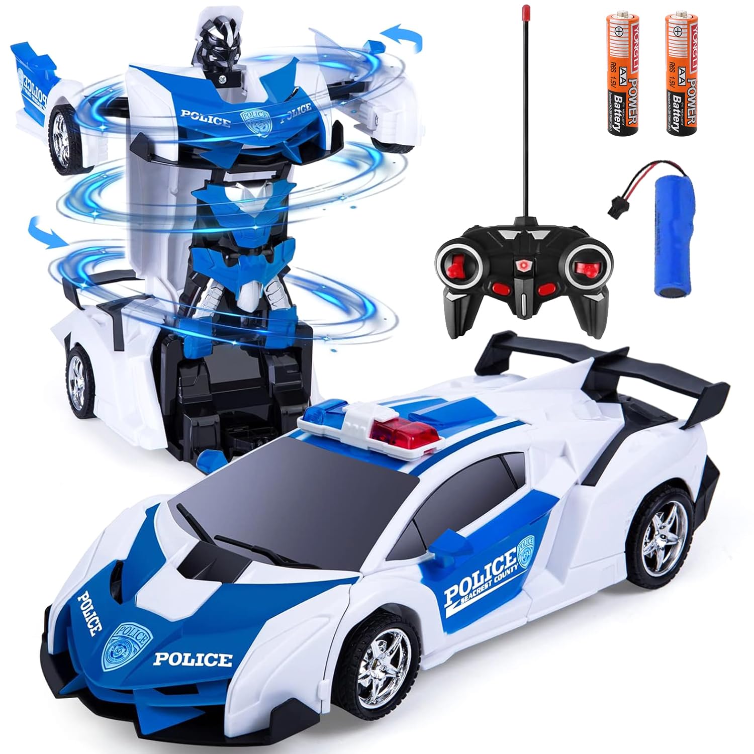 Remote Control Cars, RC Cars, One Button Transformation, 360° Rotating Drifting, 2.4Ghz, Transform Robot RC Car with LED Light, Gift - Blue and White — image 1