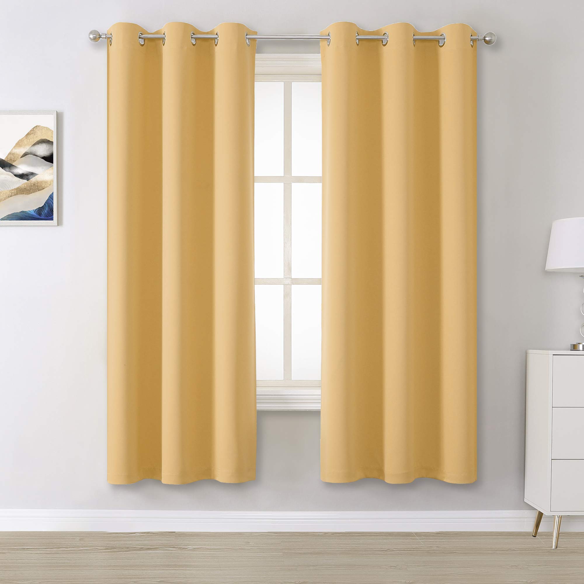 DUALIFE Yellow Curtains 63 Inches Long-Blackout Curtain Panels for Bedroom Room Darkening Solid Window Drapes for Living Room Thermal Insulated Grommet Top 42W x 63L,2 Panels Desert Mist