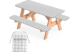 BOUBONI 3 Pcs Set Fitted Picnic Table Cover with Bench Covers and Bag Vinyl Camping Table Cloth Flannel Backing Picnic Table 