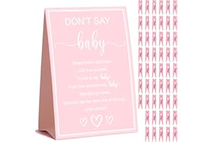 Juavlonle Baby Shower Games for Girl, Don't Say Baby Game,1 Sign and 52 Mini Pink Clothes pins, Baby Shower ClothesPin Game (