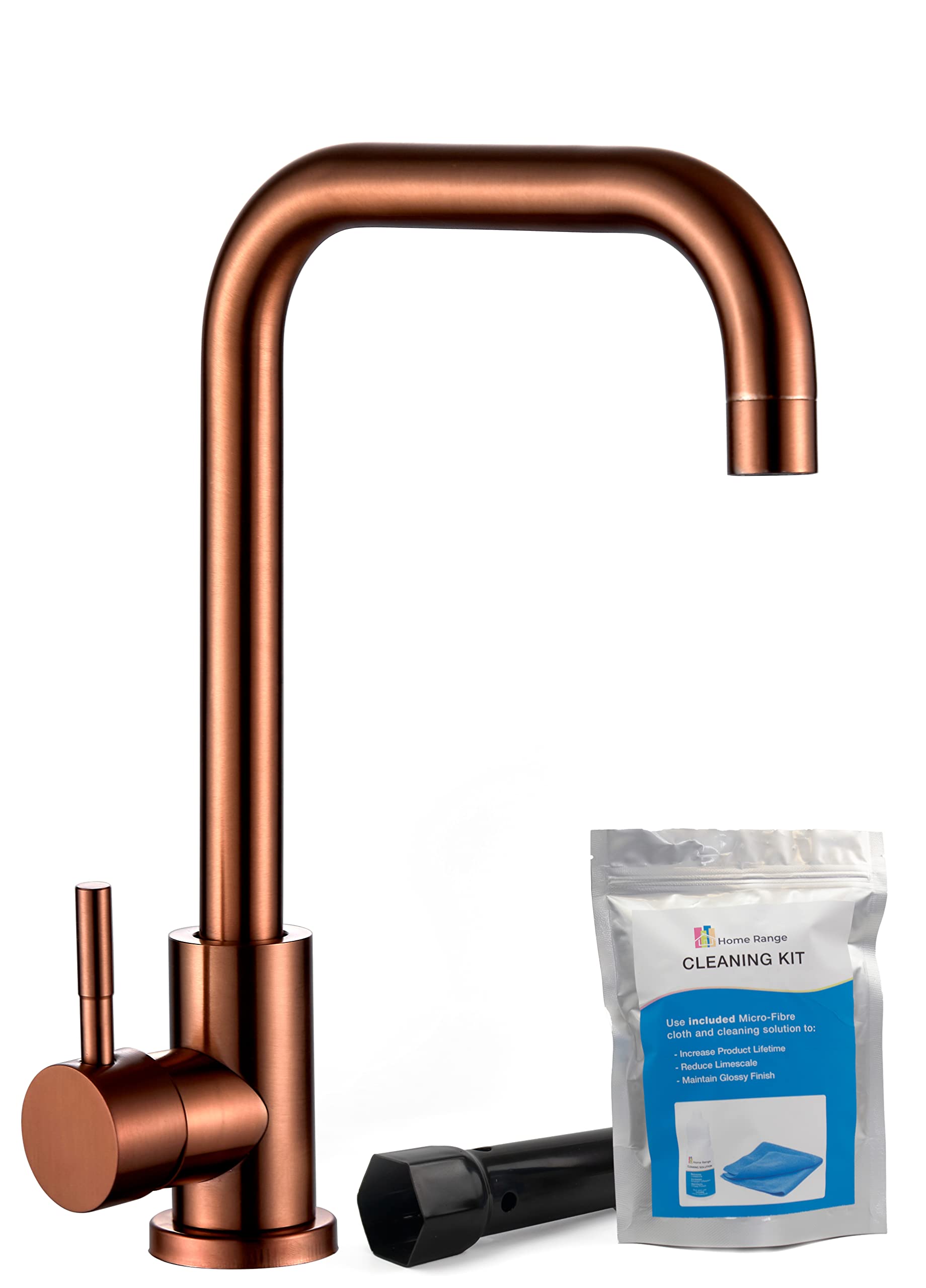 Home Range™ Brushed Rose Gold Kitchen Sink Mixer Tap | Comes with Cleaning and Fitting Kit | Luxurious 304 Stainless Steel Angular Swivel Neck Single Lever Mono-bloc Tap | 5 Years Warranty