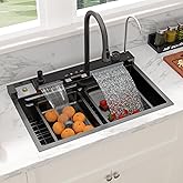Sarlai Waterfall Kitchen Sink - 30 Inch Drop In Workstation Sink With Waterfall Black Stainless Steel 16 Gauge Multifunction 