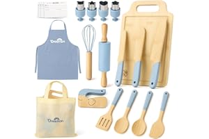 DREAMON 29 PCS Wooden Kids Cooking Set, Toddler Montessori Cooking & Baking Kitchen Tools for Real Cooking, 3 Knifes, Real Cutting Board, Apron, Kid Safe Kitchen Utensils for 3+ Year Old Boys Girls Gift