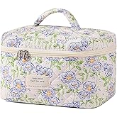 uekeboag Large Travel Quilted Makeup Bag for Women, Floral Cotton Cosmetic Bag, Coquette Aesthetic Floral Toiletry Organizer Bag