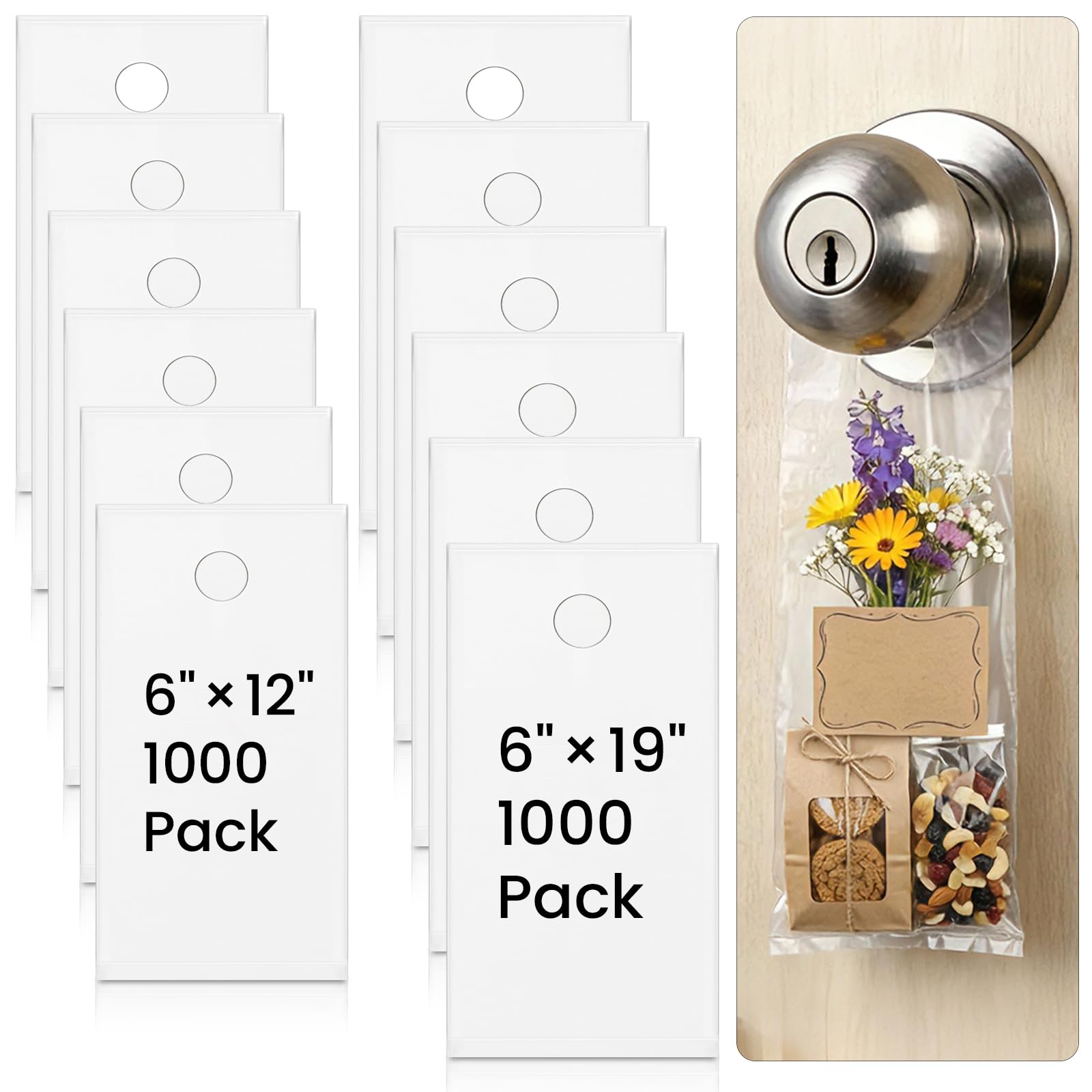 Photo 1 of Qilery 2000 Pack Clear Door Bags 6" x 19" 6" x 12" Plastic Doors Hanger Bags Hanging Clear Waterproof Perforated Newspaper Bag Door Bag Flyer for Doors Knob Flyers Mail Magazine Notices