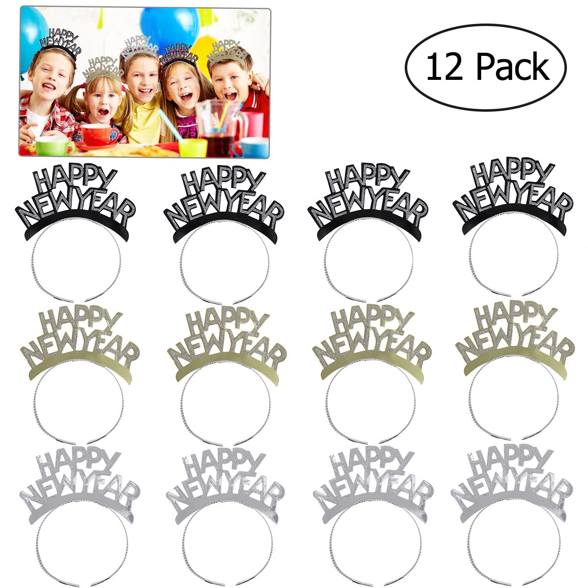 Tinksky HAPPY NEW YEAR Headband Tiara New Years Party Favors Gold Silver Black 12 Pieces