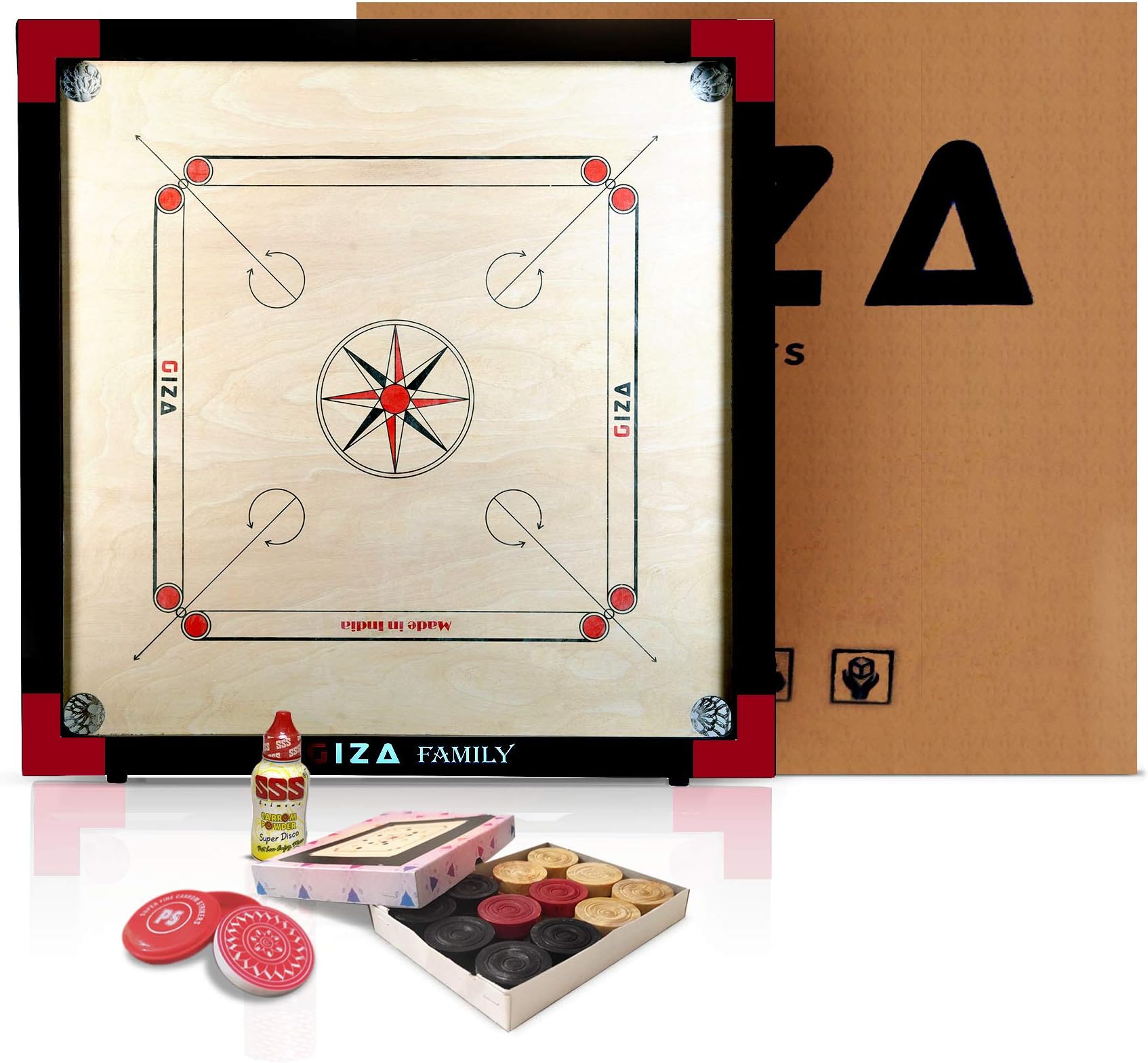 GIZA Family - Premium Carrom Boards for Home - with Coins, Striker & Powder - Matte Finish - Large - 33 inch-Beige- (Red)