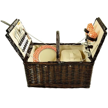 Picnic at Ascot Surrey Willow Picnic Basket, Brown Wicker/Diamond Orange