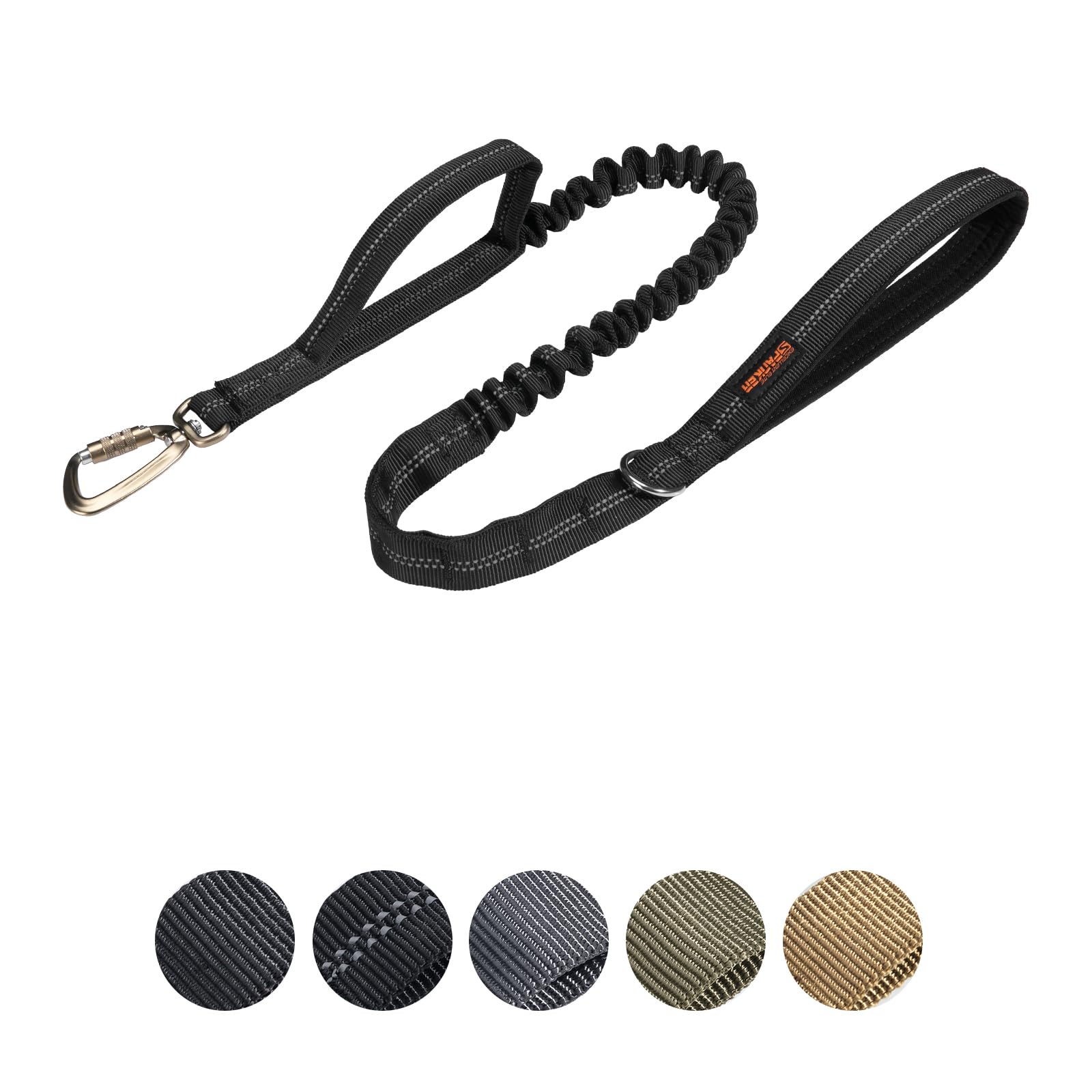 EXCELLENT ELITE SPANKER Tactical Military Dog Leash Space Aluminum Hook Clips Bungee Dog Lead Elastic Bungee Rope Leash with 2 Control Handle(Black-Reflective Silk)