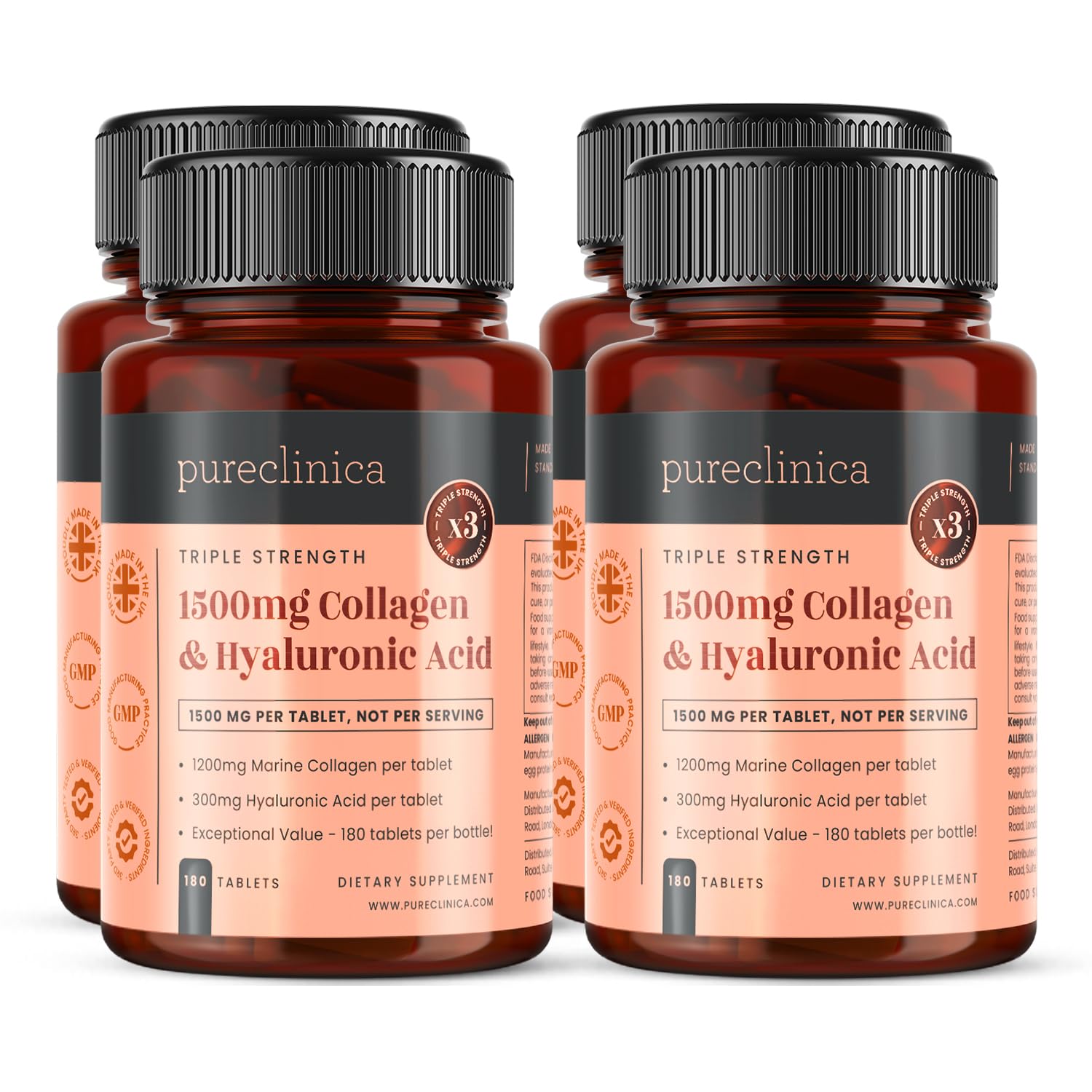1500mg x 720 Tablets. 1200mg of UltraColl Collagen & 300mg of Hyaluronic Acid per Tablet. (4 Bottles of 180 Tablets Each - 12 Months Supply).