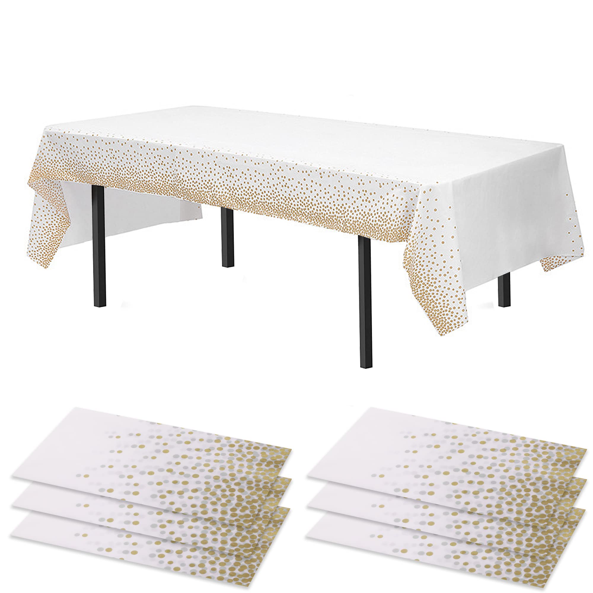 Time to Sparkle 6 Pack Plastic Tablecloths 54" x 108" Plastic Dining Table Cloth Premium Rectangle Table Cover for Parties Wedding Banquet etc Indoor Or Outdoor(White Gold)