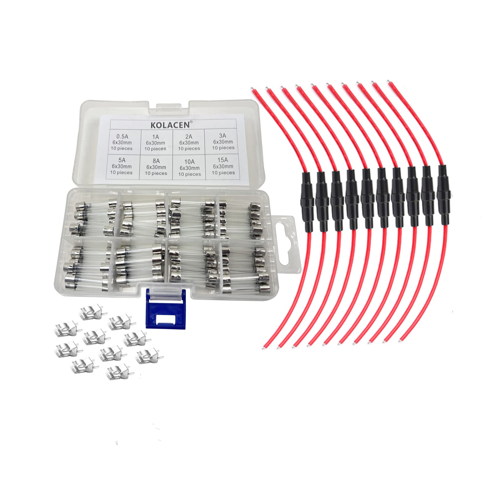 KOLACEN Automotive Car Inline Screw Type 6x30mm Fuse Holder With 16 Awg Wire, 80 Fast-Blow Glass Fuses (0.5-15Amp), and 10 Fuse Clips