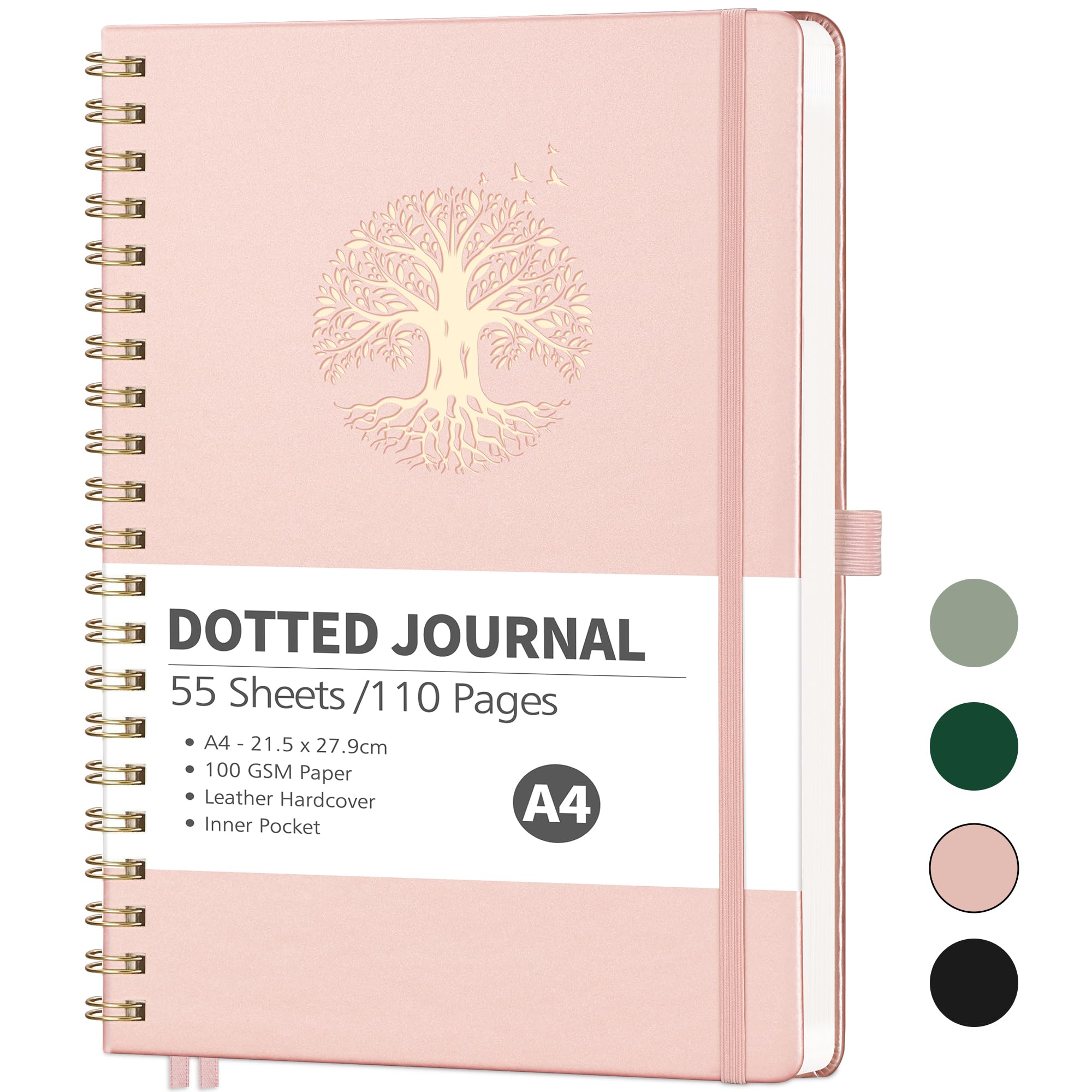 RETTACY Bullet Dotted Journal - A4 Notebook Hardcover Leather Journal,Dot Grid Notebook 110 Pages for Writing,Hardcover Leather Sketch Book, with Bookmark,Journal Stencils, Inner Pocket- Rosegold