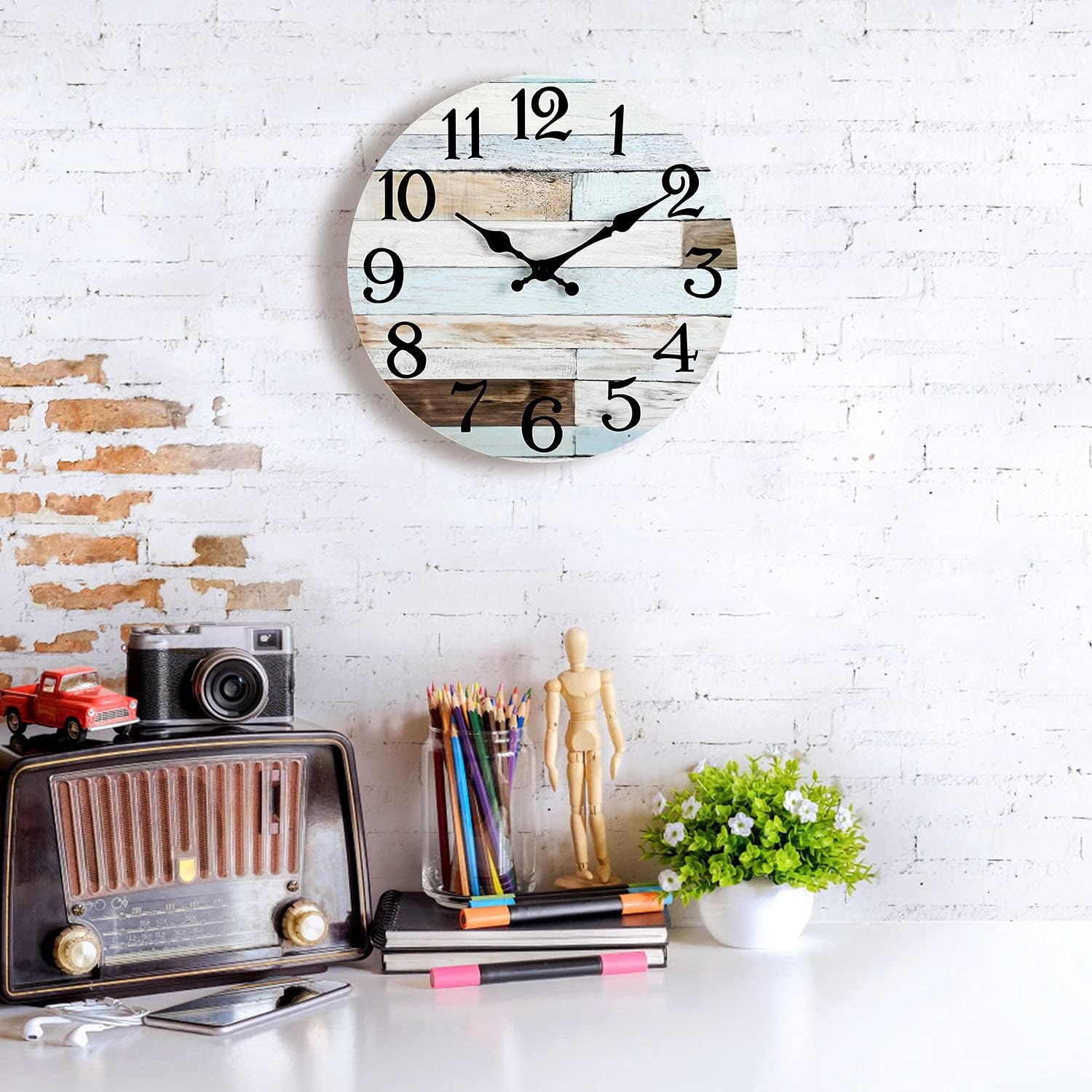 Wall Clock - 10 Inch Silent Non-Ticking Wooden Wall Clocks Battery Operated - Country Retro Rustic Style Decorative for Living Room Kitchen Home Bathroom Bedroom: Kitchen & Dining