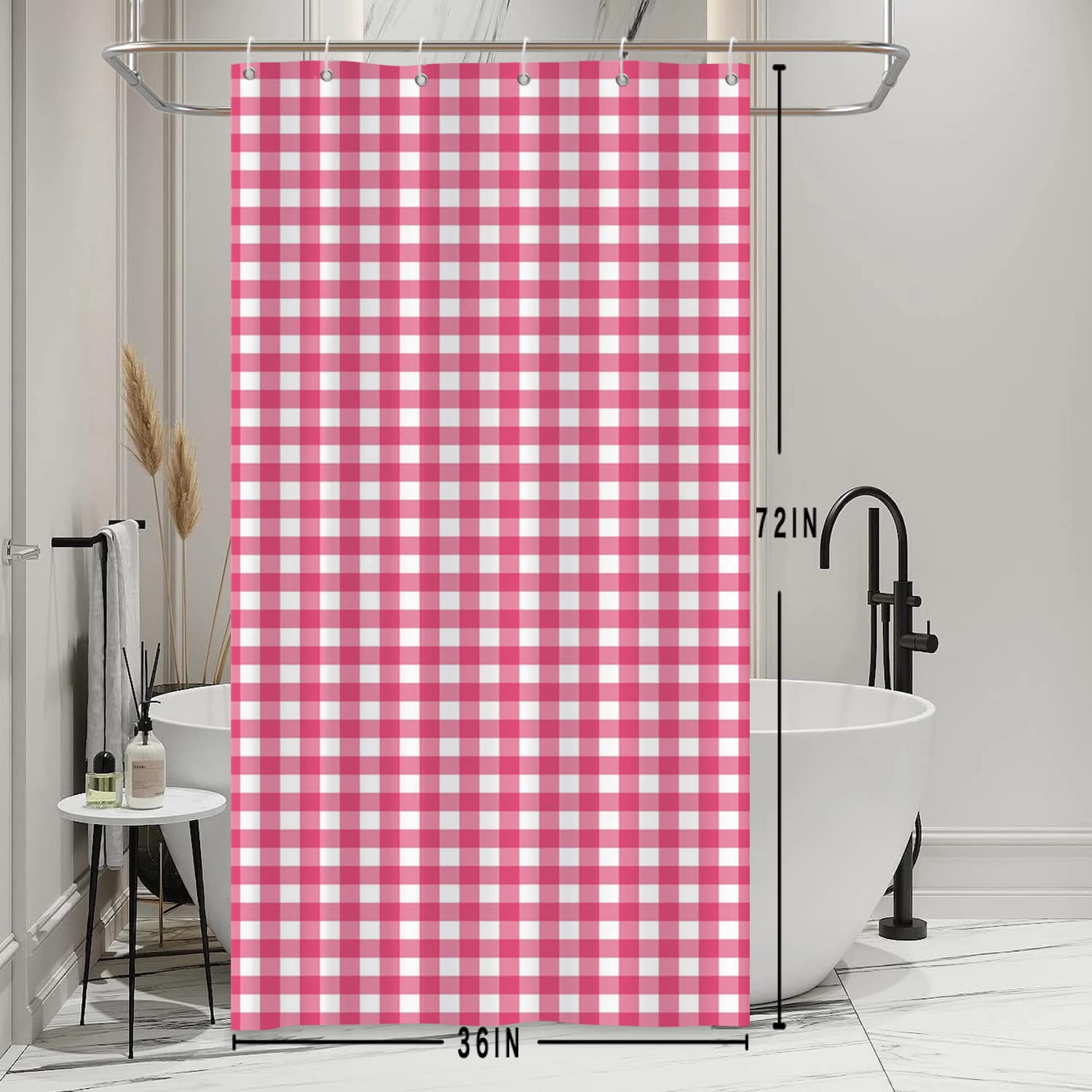 Bovlleetd Stall Small Checkered Shower Curtain Set with Hooks Farmhouse Pink Fabric Plaid Tartan Checkerboard Shower Curtain for Bathroom Cute Girly Half Narrow 36"x72"inch Bathroom Curtain