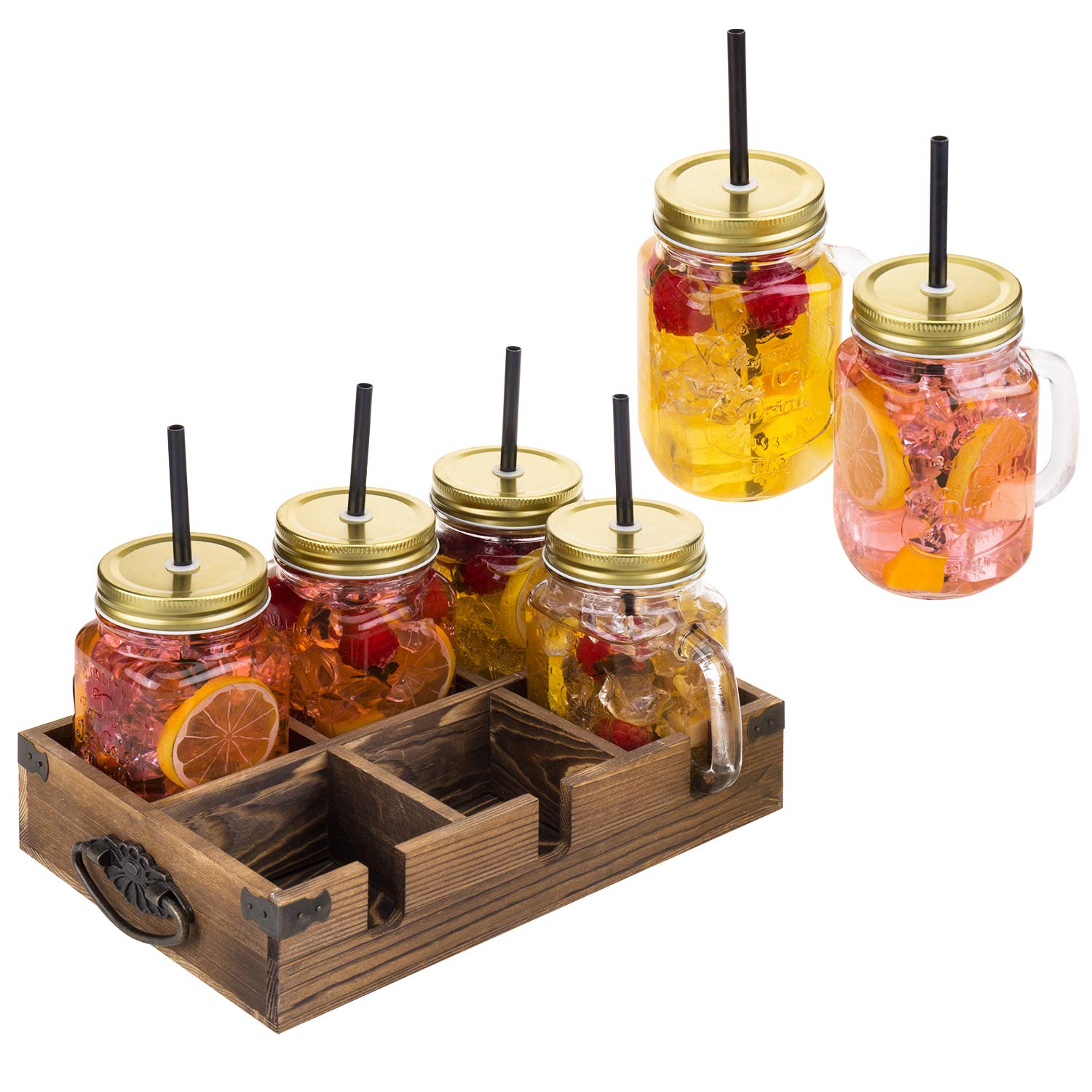 Buy MyGift Mason Jar Glasses with Straw, Lid and Dark Brown Wood Caddy