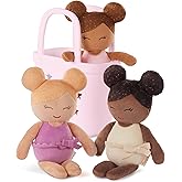 LullaBaby - Washable Bath Dolls for Real Water Play - 3-Pieces Set of Soft Plush Dolls - Pink Carrying Basket with Star Cutou