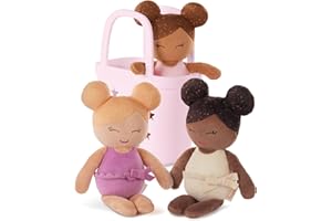 LullaBaby - Washable Bath Dolls for Real Water Play - 3-Pieces Set of Soft Plush Dolls - Pink Carrying Basket with Star Cutou