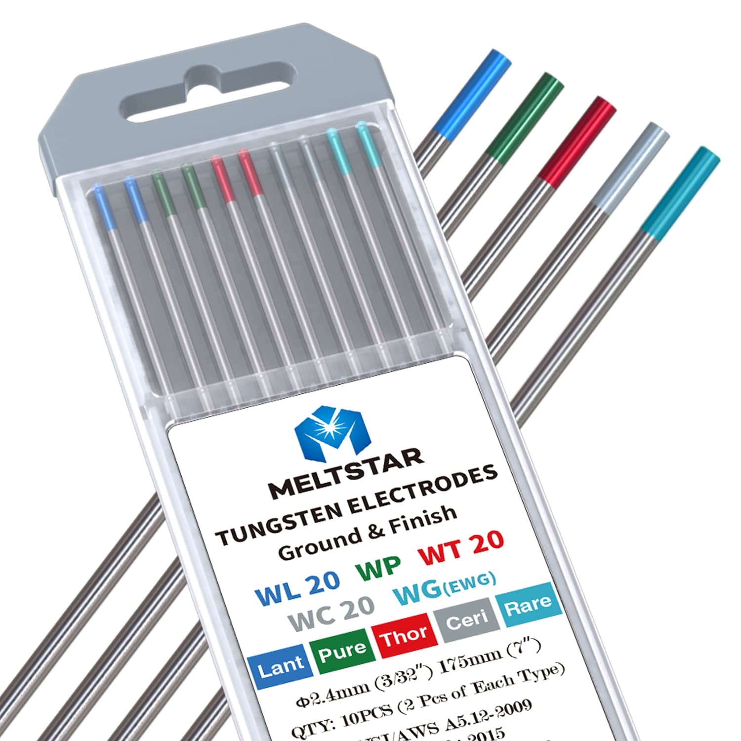 MELTSTAR TIG Welding Electrode Set (10 Pieces, Diameter 2.4 x 175 mm) - Contains Red Tip Electrodes, Pure Cer, Lanthanum and Rare Earth Mix