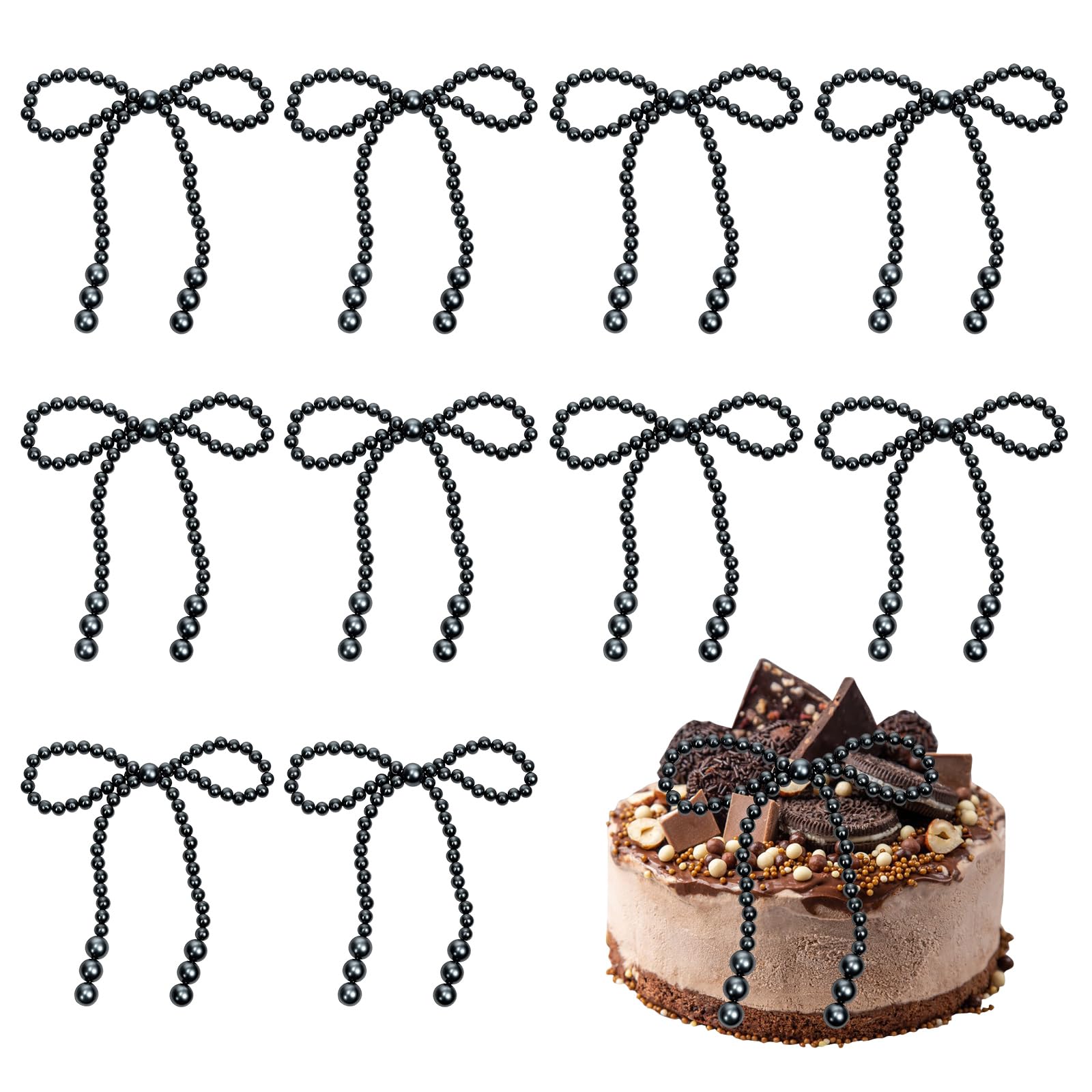 Photo 1 of 10 Pcs Pearl Bow Cake Toppers, 4.3x3.9 Inches Black Pearl Beaded Cake Decorations, Large and Small Pearls, Elegant Cupcake Toppers for Wedding, Birthday, Valentine's Day and Baby Shower Party Supplies