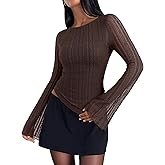 REORIA Women's Lace Mesh Boat Neck Bell Long Sleeve Tops Y2k Going Out Asymmetrical Tops 2025 Fall Fashion